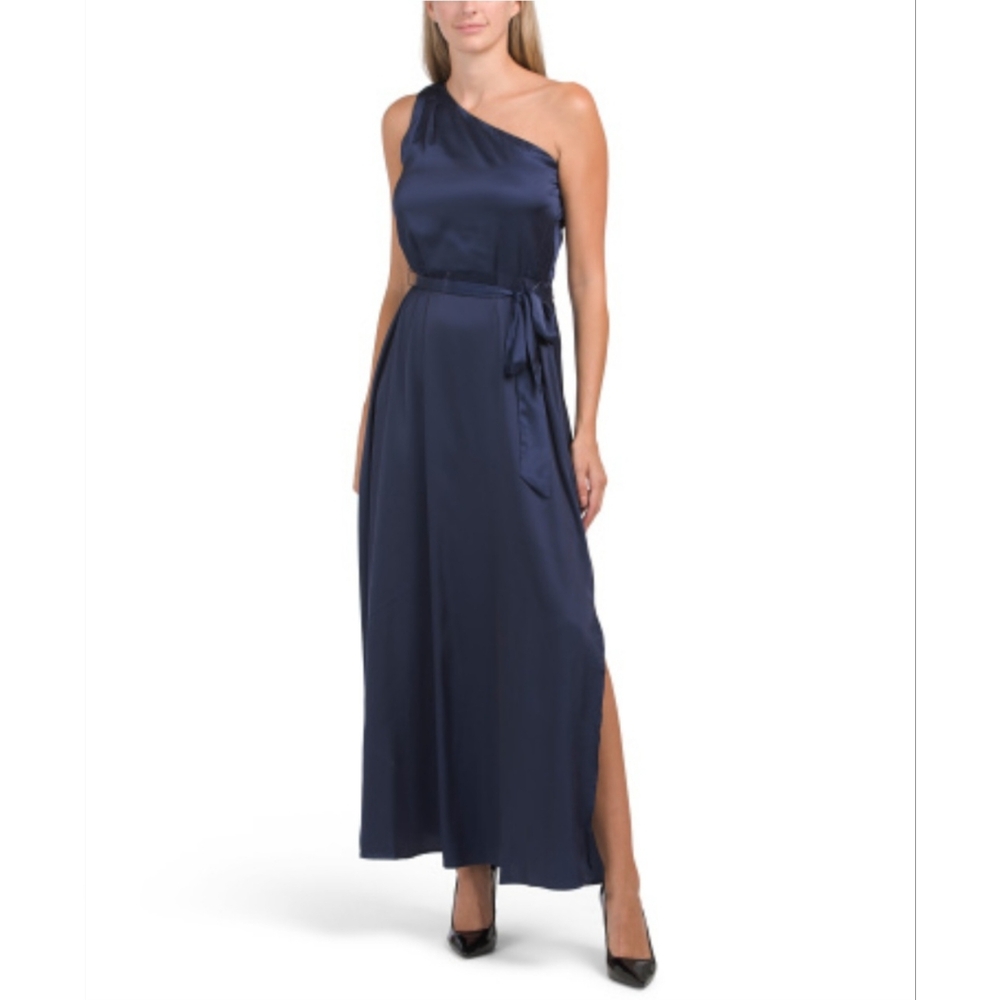 Nicole Miller New York Satin Tie front one shoulder Maxi dress Navy L NWT